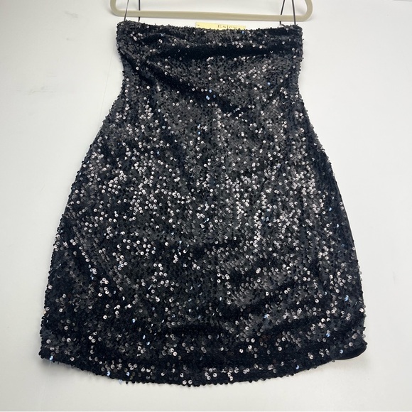 Esley Dresses & Skirts - Esley‎ Black Sequin Front Strapless Mini Dress Medium Bodycon Lined Side Zip NEW